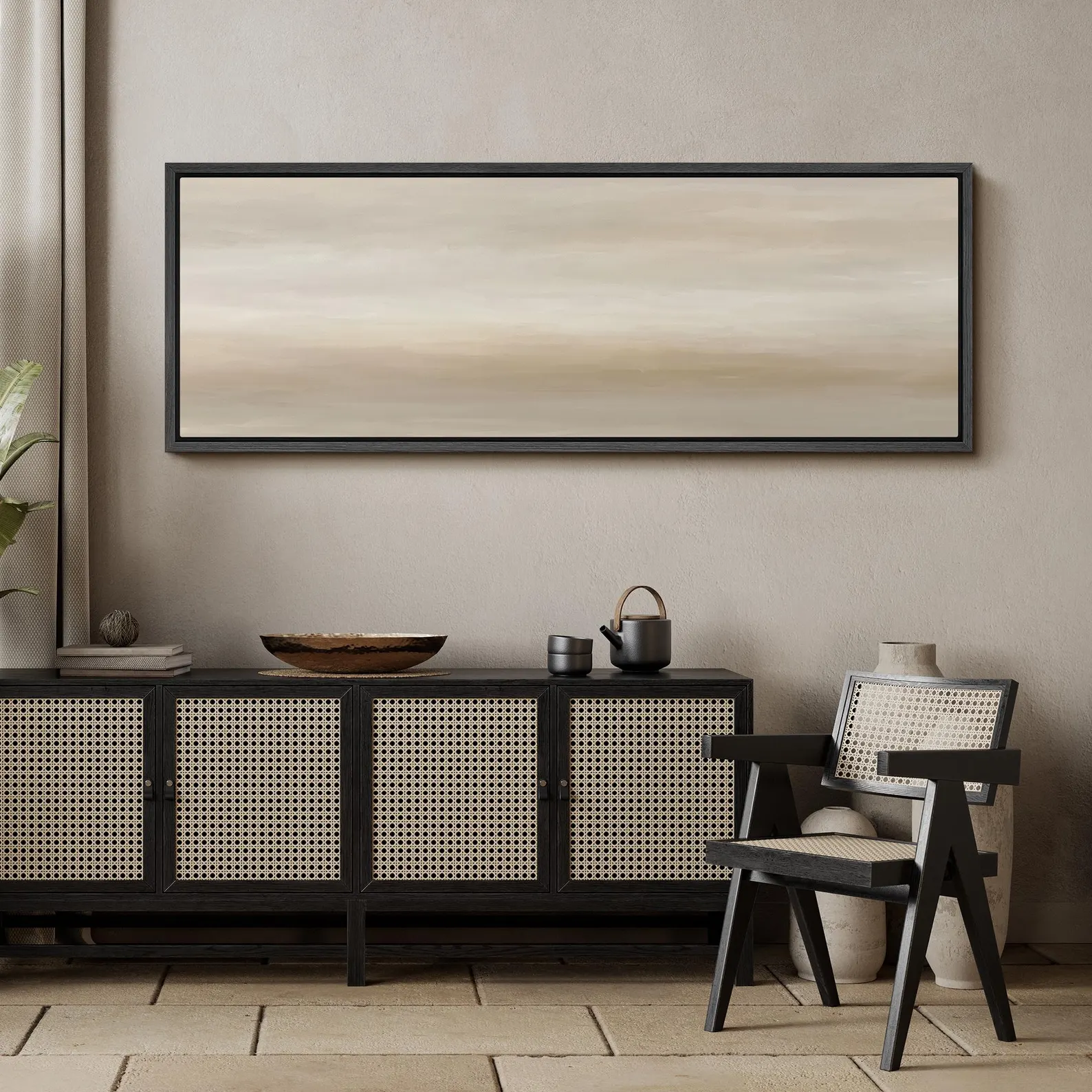 Abstract Landscape Wall Art - Large Framed Neutral Beige & Gray Canvas Print, Minimalist Calming Artwork for Living Room or Bedroom Decor
