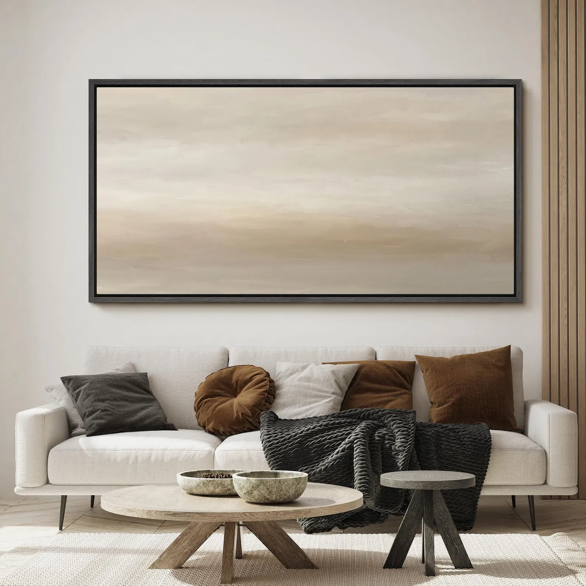 Abstract Landscape Wall Art - Large Framed Neutral Beige & Gray Canvas Print, Minimalist Calming Artwork for Living Room or Bedroom Decor