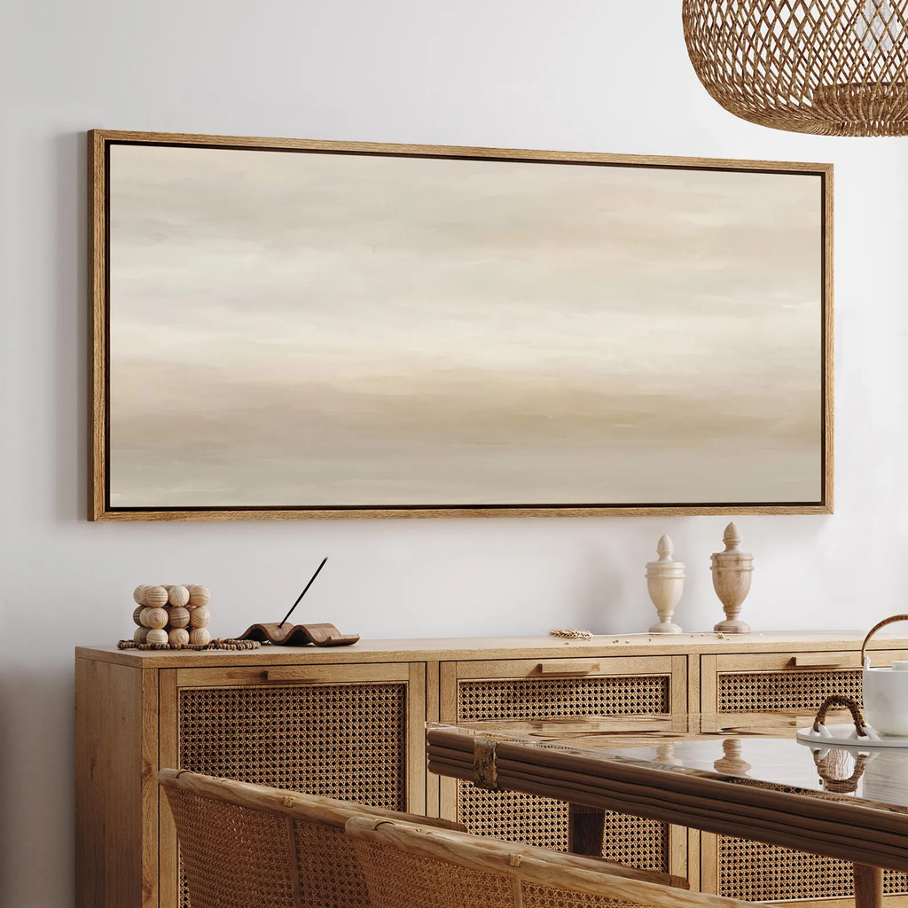 Abstract Landscape Wall Art - Large Framed Neutral Beige & Gray Canvas Print, Minimalist Calming Artwork for Living Room or Bedroom Decor