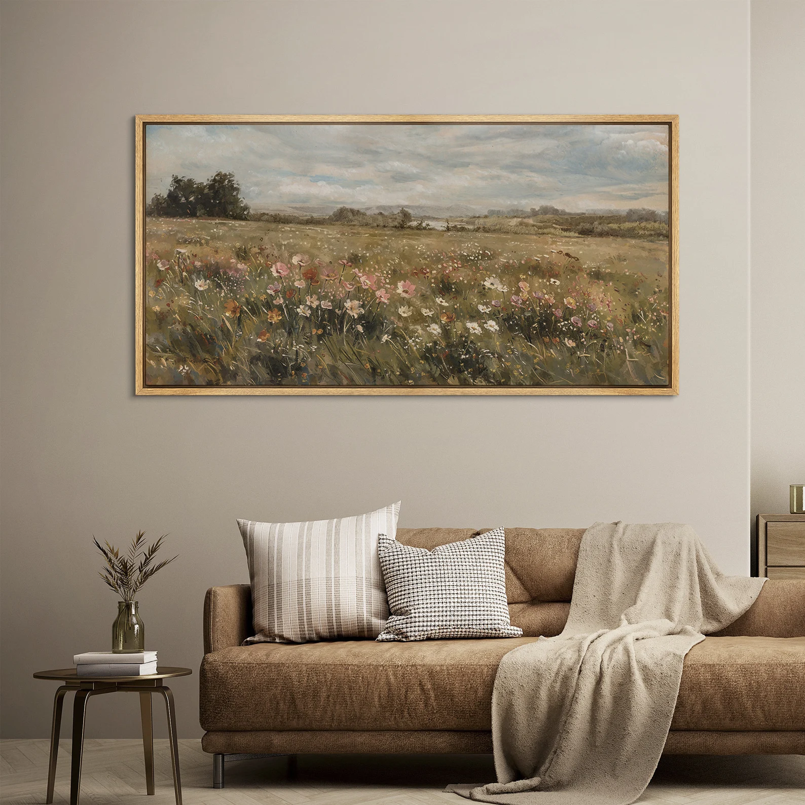 Large Framed Wildflower Meadow Landscape Wall Art, Vintage Pastoral Field Canvas Print, Soft Nature Botanical Decor for Living Room