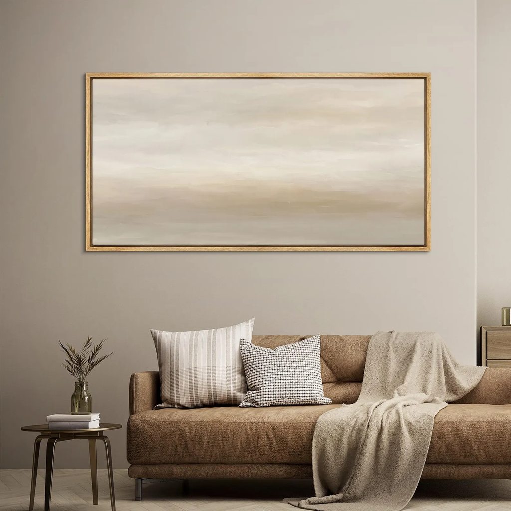 Abstract Landscape Wall Art - Large Framed Neutral Beige & Gray Canvas Print, Minimalist Calming Artwork for Living Room or Bedroom Decor