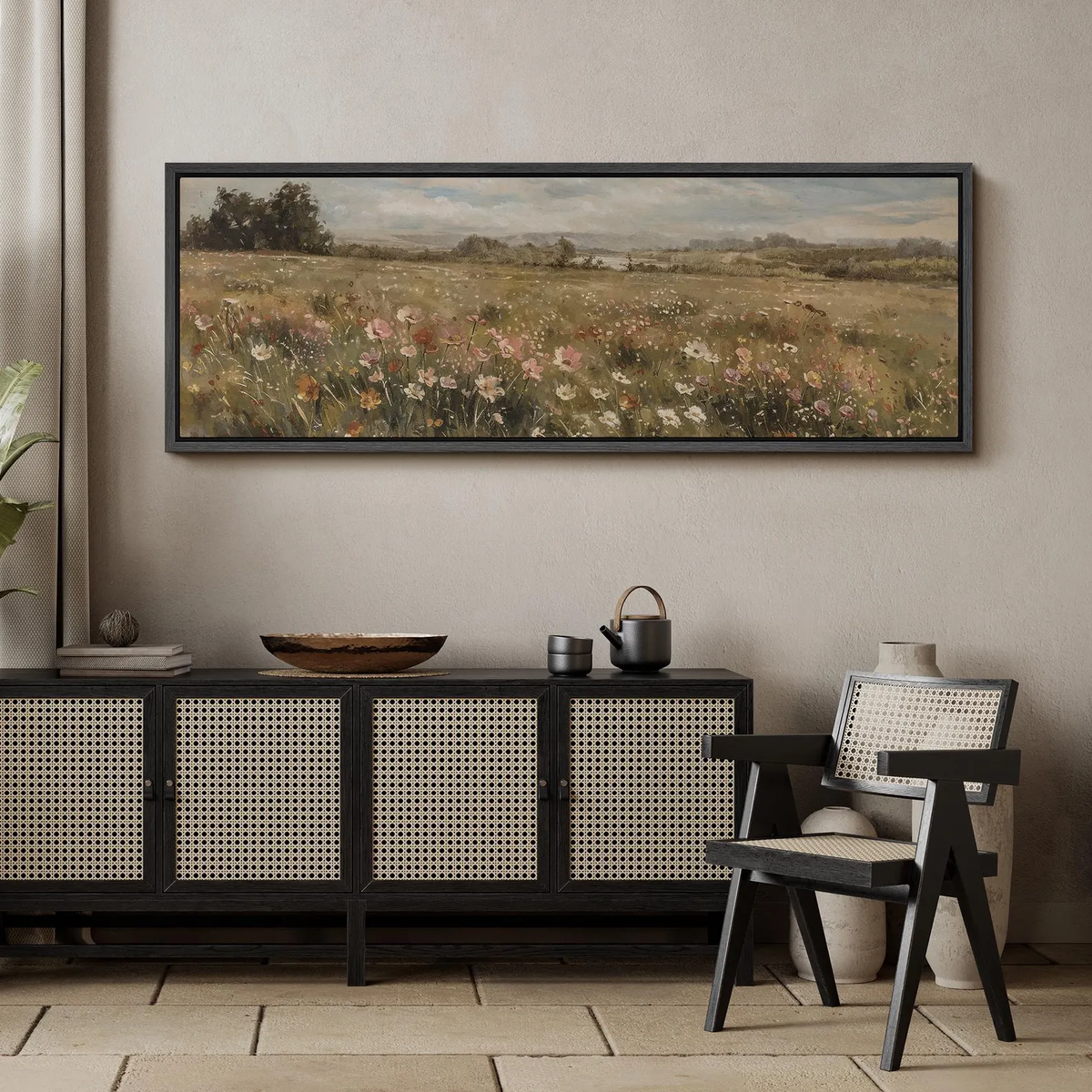 Large Framed Wildflower Meadow Landscape Wall Art, Vintage Pastoral Field Canvas Print, Soft Nature Botanical Decor for Living Room