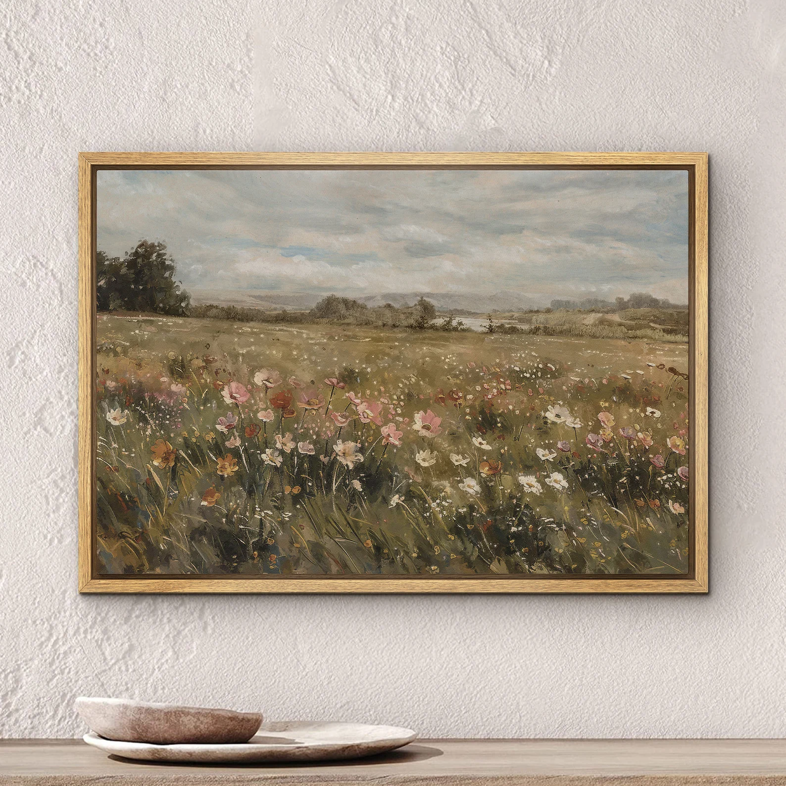 Large Framed Wildflower Meadow Landscape Wall Art, Vintage Pastoral Field Canvas Print, Soft Nature Botanical Decor for Living Room
