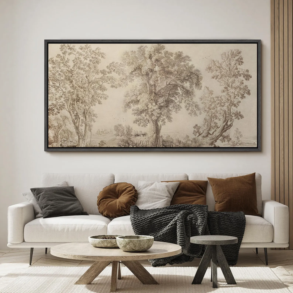 Framed Canvas Oversized Large Wall Art Abstract Sketch Wilderness Forest Landscape Panoramic Wall Art Horizontal Wall Art Prints