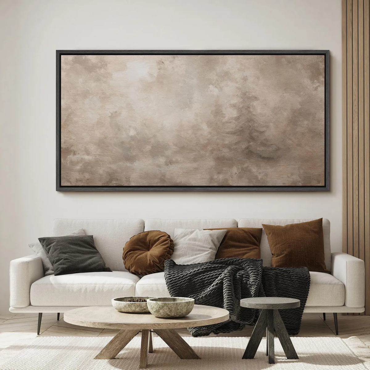 Neutral Abstract Forest Wall Art, Large Framed Minimalist Beige Landscape Canvas Print, Modern Calm Nature Artwork for Living Room Decor