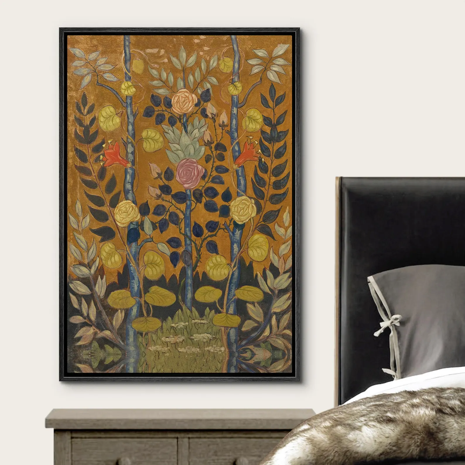 Framed Vintage Rose by Emile Bernard Wall Art, Folk Art Flower Canvas Print, Decorative Garden Artwork for Living Room Decor