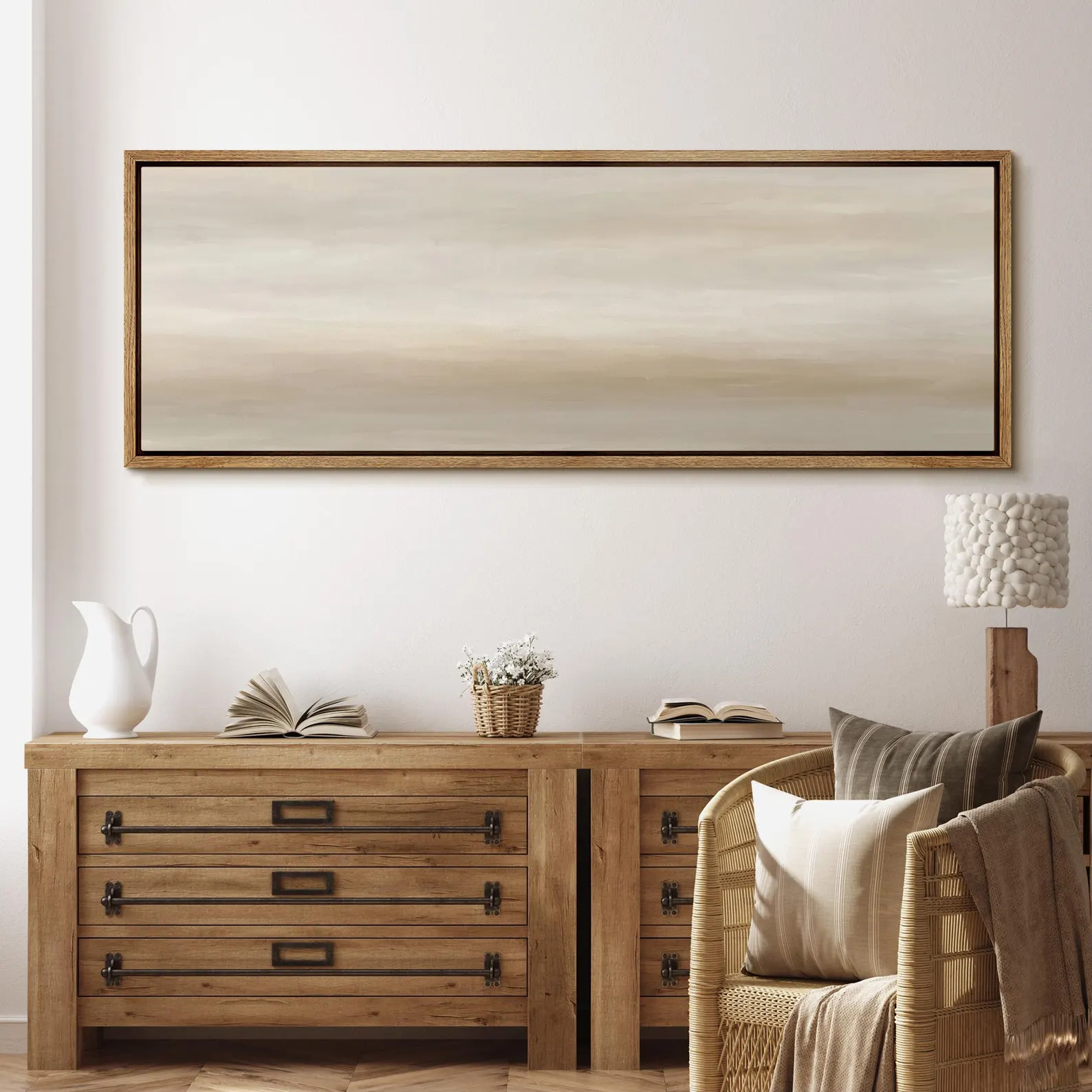 Abstract Landscape Wall Art - Large Framed Neutral Beige & Gray Canvas Print, Minimalist Calming Artwork for Living Room or Bedroom Decor