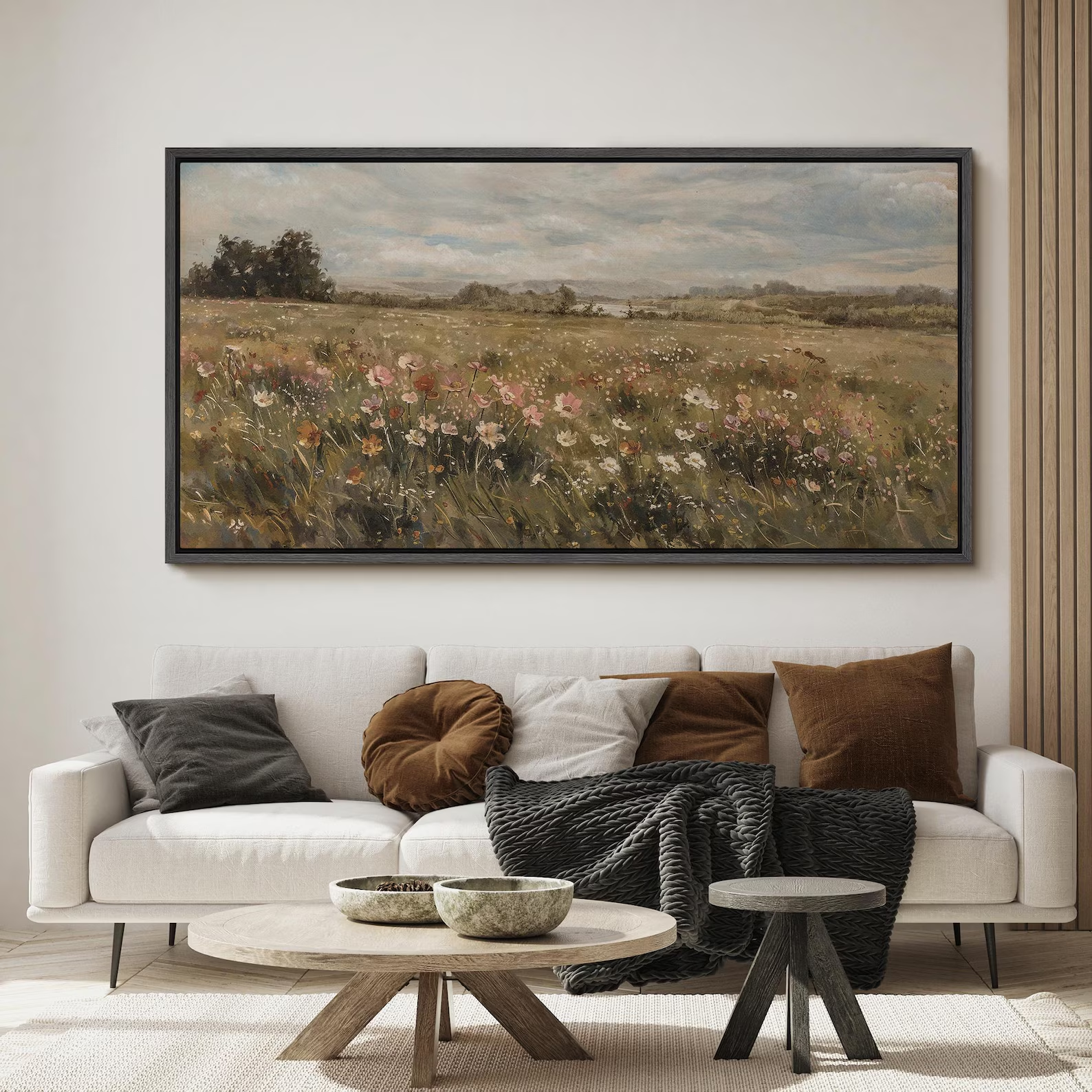 Large Framed Wildflower Meadow Landscape Wall Art, Vintage Pastoral Field Canvas Print, Soft Nature Botanical Decor for Living Room