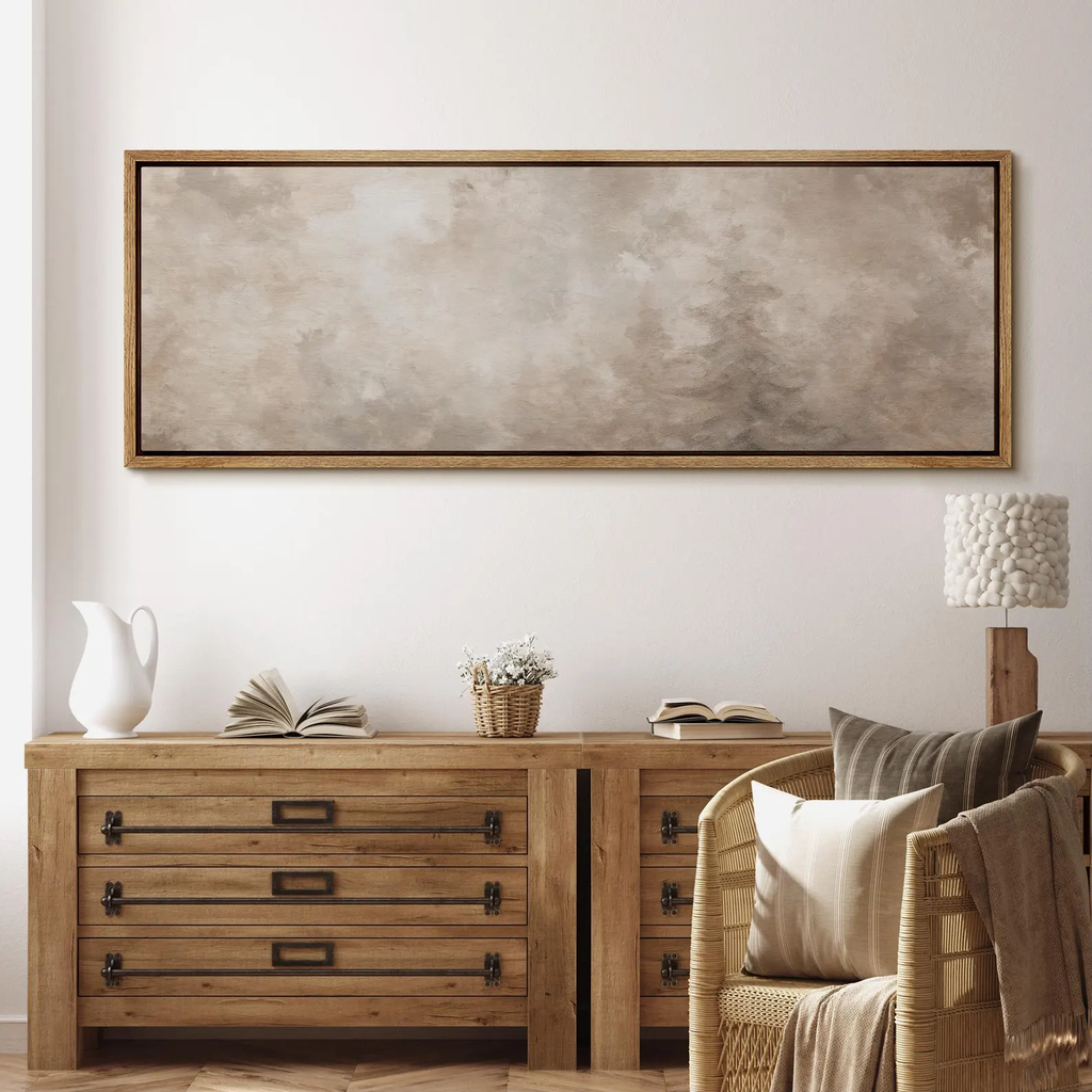 Neutral Abstract Forest Wall Art, Large Framed Minimalist Beige Landscape Canvas Print, Modern Calm Nature Artwork for Living Room Decor