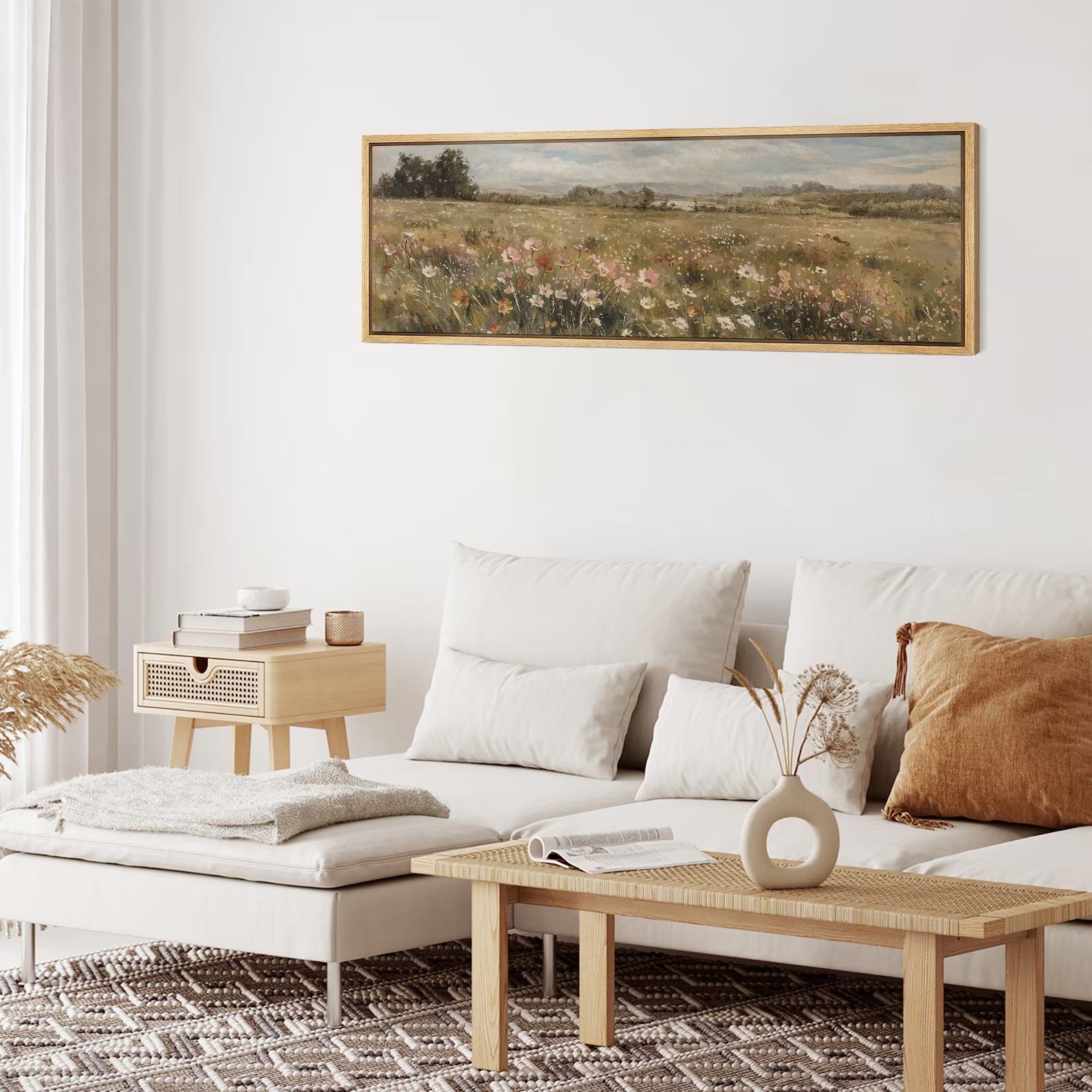 Large Framed Wildflower Meadow Landscape Wall Art, Vintage Pastoral Field Canvas Print, Soft Nature Botanical Decor for Living Room